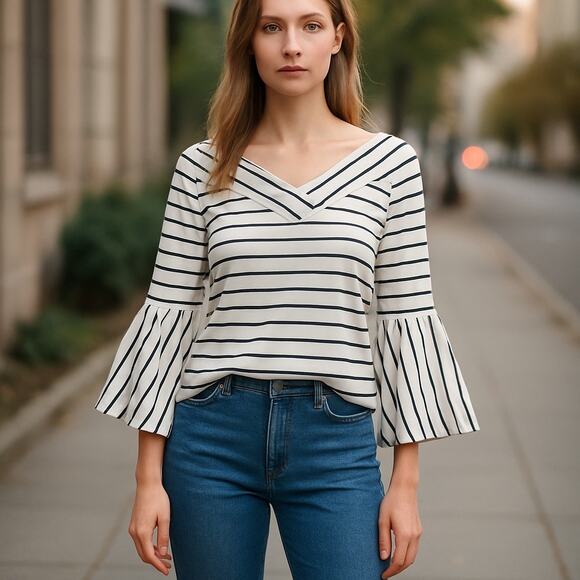 Top Women SZ S Bell Sleeve White Blue Striped Boho Cottage Core Gibson Latimer - Picture 7 of 7